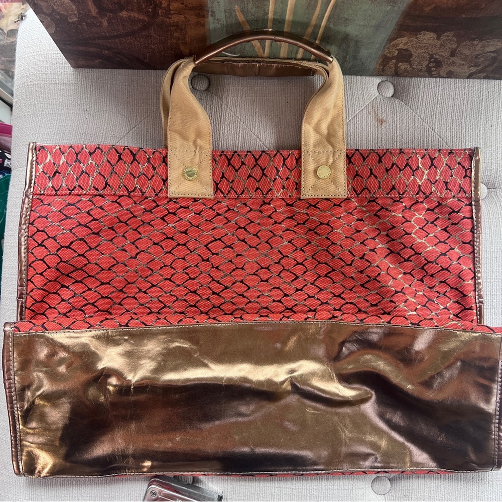 Steve Madden Red Patterned Canvas Tote with Tan Handles - Picture 3 of 11